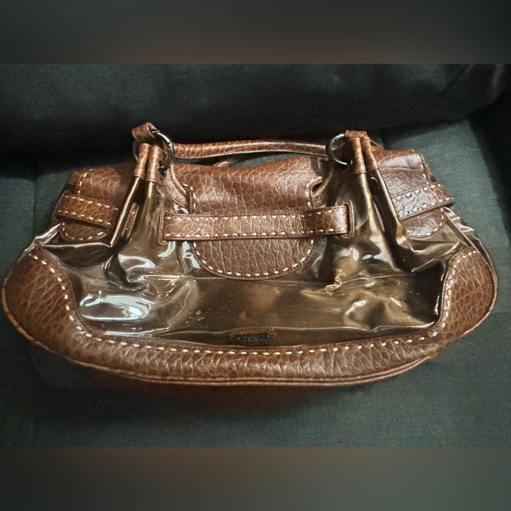 Vintage Moschino Brown Leather Women’s Clear Accent Satchel Shoulder Bag - Picture 2 of 9